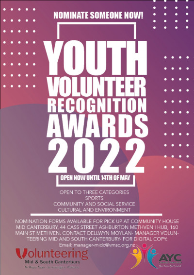 Volunteering Mid & South Canterbury and Ashburton Youth Council Volunteer Youth Awards Launched